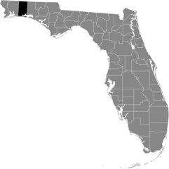 Black highlighted location map of the US Okaloosa county inside gray map of the Federal State of Florida, USA