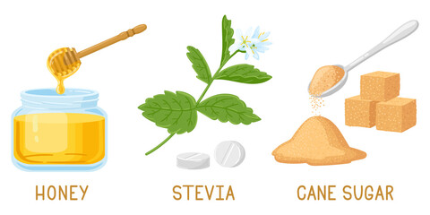 Cartoon natural sweeteners. Honey, stevia pills and plants, brown cane sugar cubes isolated vector illustration set. Natural organic sweeteners