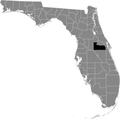 Black highlighted location map of the US Orange county inside gray map of the Federal State of Florida, USA
