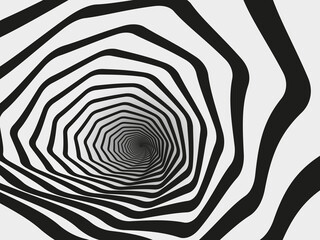 Hypnotic swirl tunnel. Spiral striped geometric funnel, hypnotic optical illusion vector background illustration. Abstract hypnotic tunnel