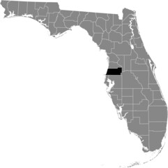 Black highlighted location map of the US Pasco county inside gray map of the Federal State of Florida, USA