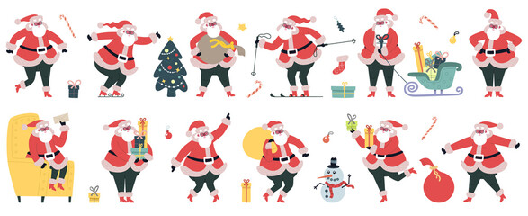 Cute Santa Claus. Christmas winter holidays characters, cheerful Santa with gifts vector illustration set. Funny Christmas mascot