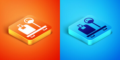 Isometric Scale with suitcase icon isolated on orange and blue background. Logistic and delivery. Weight of delivery package on a scale. Vector