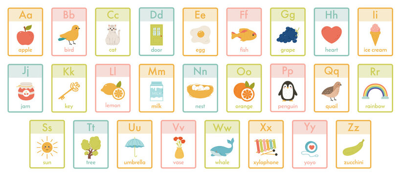 Alphabet kids cards. Kindergarten abc learning, children education animals, fruits and toys cards vector illustration set. Cute alphabet for children
