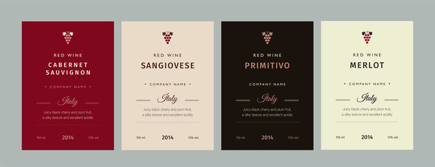 Red and white wine label. Special collection best quality grape varieties and premium wine brand names labels emblems abstract isolated vector illustration. - obrazy, fototapety, plakaty
