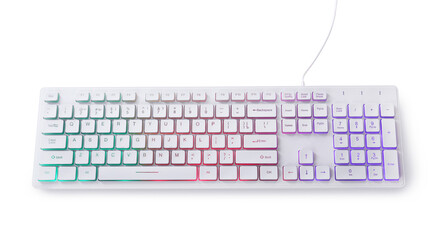 Modern mechanical RGB keyboard isolated on white - obrazy, fototapety, plakaty