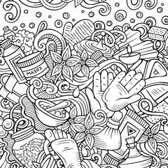 Bathroom hand drawn vector doodles illustration. Bath room frame card design.