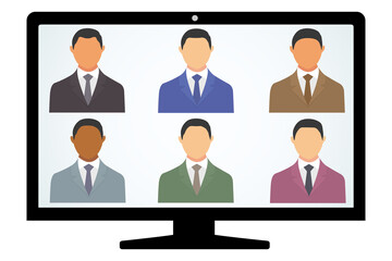 Corporate diversity illustration vector isolated on white background. Cartoon business people in different suit dress with monitor. Teamwork concept.