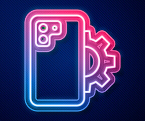 Glowing neon line Phone repair service icon isolated on blue background. Adjusting, service, setting, maintenance, repair, fixing. Vector