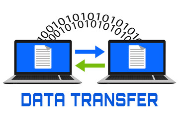 Data transfer vector illustration in flat style.Laptop computers and binary numbers with arrows.Sending,data processing,transmission concept design.