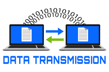 Flat data transmission vector illustration. Laptop computers and binary numbers with arrows.File sending,data processing,transmission concept design.