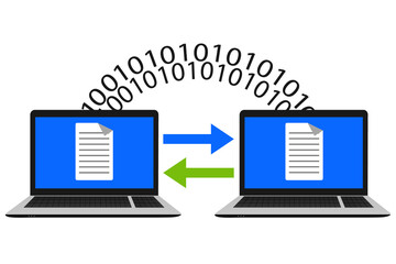Wireless file transfer vector illustration. Laptop computers and binary numbers with arrows.Sending,data processing,transmission concept design.