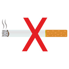 No smoking vector illustration isolated on white. Burning cigarette and cross sign drawing.World tobacco day,stop smoking concept design for banner.