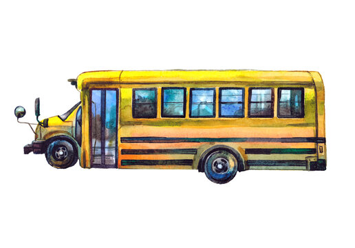 Cute illustration of a school bus in profile isolated on a white background. Watercolour. Pastel. Colored pencil. The poster. Postcard. Wallpaper. Print. Banner.