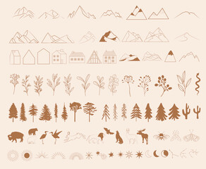 Collection of Nature Icons, Symbols, Elements with nature, tree, plant, animals, archetecture elements. Perfect for create logotype. Minimalistic one line design. Editable Vector Illustration.