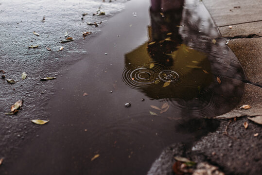 Reflection of girl in puddle