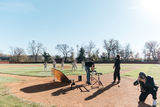 Film Crew Shoots A Scene On A Baseball Field