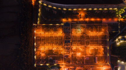 drone view of a power station at night