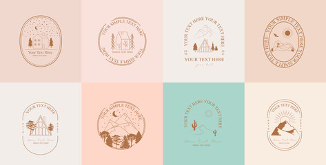 Collection of Modern, Outdoorsy, Earthy linear logos, symbols, icons design template with nature, tree, plant, animals, archetecture elements. Editable vector logotype.