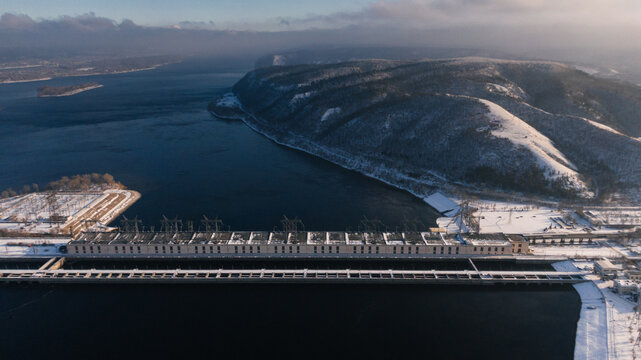 hydroelectric power station on a winter day