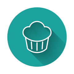 White line Cupcake icon isolated with long shadow background. Green circle button. Vector