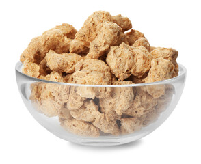 Dehydrated soy meat chunks in bowl on white background