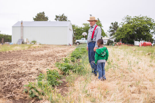 Man walks garden row with grandson