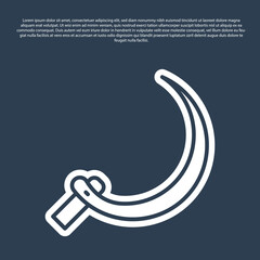 Blue line Sickle icon isolated on blue background. Reaping hook sign. Vector