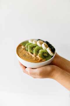 Smoothie Bowl Chia Seed Pudding Fruit Bowl White Table Flatlay Shot Vegan Healthy Blueberry Kiwi Peanut Butter Dessert Bowl