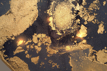 Vinatge abstract blue, gold and grey marble texture with sparkles. Vector background in alcohol ink technique with glitter. Template for banner, poster design. Fluid art painting