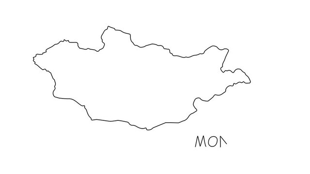 Mongolia map animation line. Black line animation letters drawing on a white background.