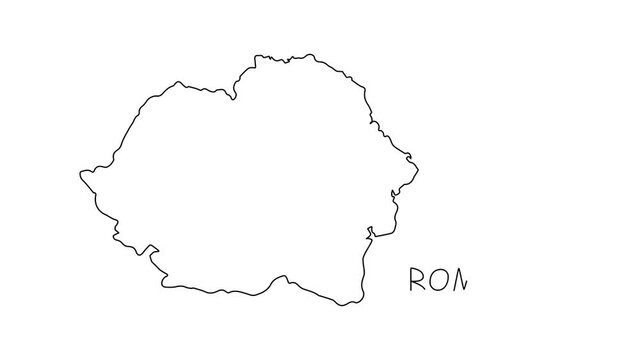 Romania map animation line. Black line animation letters drawing on a white background.