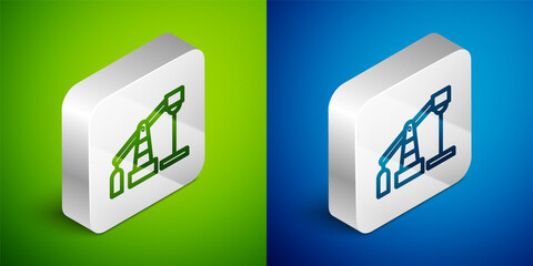 Isometric line Oil pump or pump jack icon isolated on green and blue background. Oil rig. Silver square button. Vector