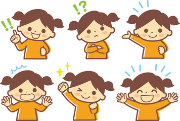 いろいろな表情の女の子の上半身イラスト＿ライン有ブラウン