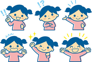 いろいろな表情の女の子の上半身イラスト＿ライン有ネイビー