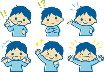 いろいろな表情の男の子の上半身イラスト＿ライン有ネイビー