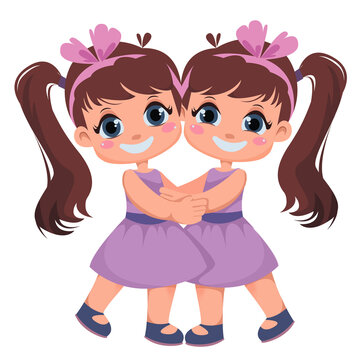 Two girls are twins. Sisters embrace. Kids on holiday. International Day of Hugs. Vector illustration in cartoon style