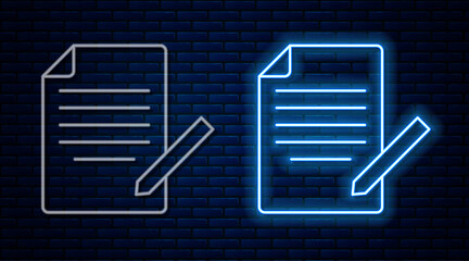 Glowing neon line Document and pen icon isolated on brick wall background. File icon. Checklist icon. Business concept. Vector