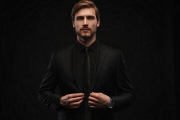 Obraz premium Elegant young handsome man in black suit. Studio fashion portrait