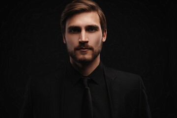 Fototapeta premium Elegant young handsome man in black suit. Studio fashion portrait