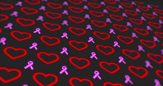Defocused  pattern background with  red heart and pink ribbon for breast cancer month. Modern ribbon symbol. World Breast Cancer Awareness Day. Looped 4K video motion graphic animation hope