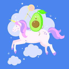 An avocado riding a unicorn. Vector illustration