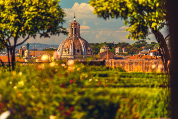 Fototapeta na wymiar Gardens of Farnese upon the Palatine with beautiful panorama view on Rome