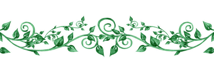 Obraz premium Green border of branches with leaves. Hand drawn watercolor painting. Isolated illustration on a white background. Garland for decorating cards and packaging.