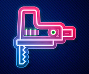 Glowing neon line Electric jigsaw with steel sharp blade icon isolated on blue background. Power tool for woodwork. Vector