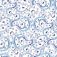 White and blue folklore seamless pattern, gzhel, azulejo. Vector abstract print from blue curls on a white background.