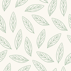 Seamless pattern with bay leaves on beige background. Vector illustration