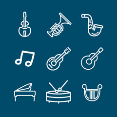 musical instruments line icon set, drums, grand piano, dulcimer, Barbitos, violin, trumpet, saxophone