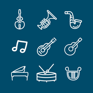 musical instruments line icon set, drums, grand piano, dulcimer, Barbitos, violin, trumpet, saxophone