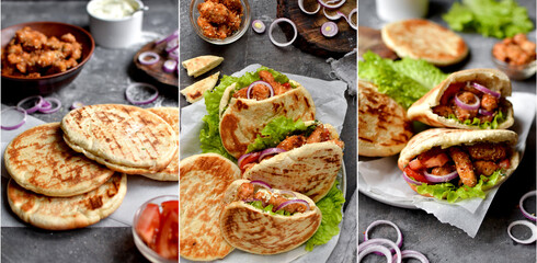 Set of dishes. Food collage. Lavash pita with chicken nuggets. - obrazy, fototapety, plakaty